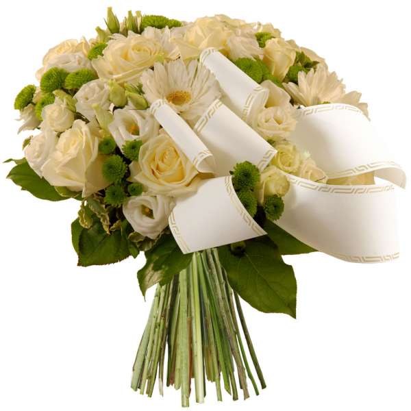  Bouquet rond avec poche d'eau pour un deuil couleur blanc et vert
